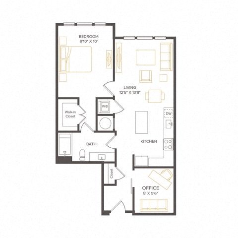 Floor plan for 1 bed, 1 bath, 838 sqft