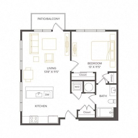 Floor plan for 1 bed, 1 bath, 714 sqft