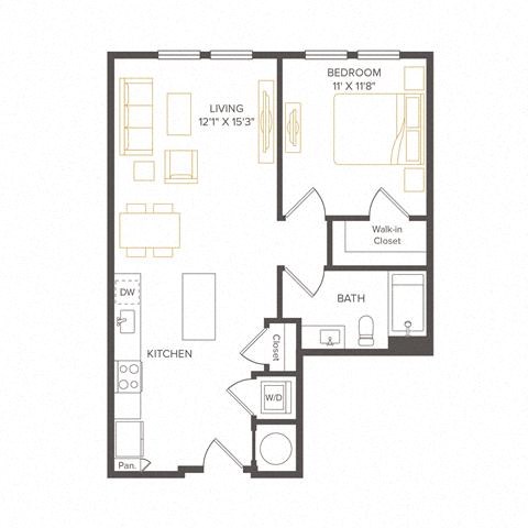 Floor plan for 1 bed, 1 bath, 670 sqft