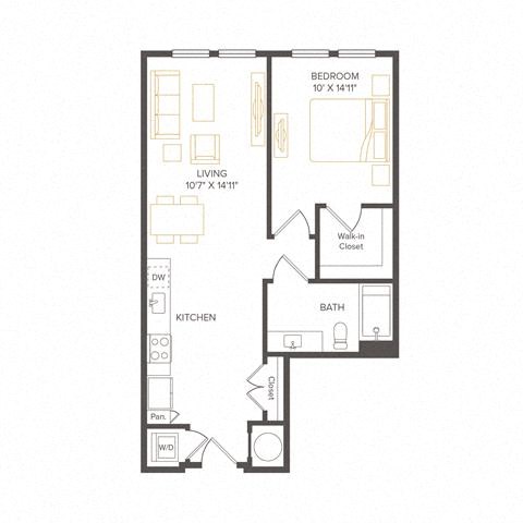 Floor plan for 1 bed, 1 bath, 680 sqft