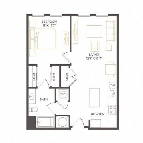 Floor plan for 1 bed, 1 bath, 717 sqft