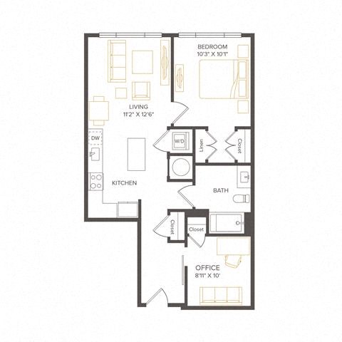 Floor plan for 1 bed, 1 bath, 780 sqft