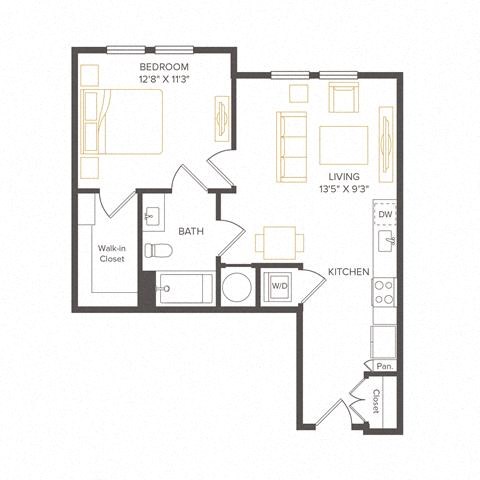 Floor plan for 1 bed, 1 bath, 643 sqft