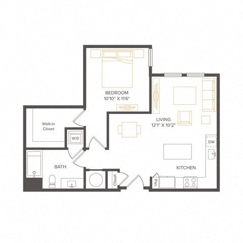 Floor plan for 1 bed, 1 bath, 710 sqft
