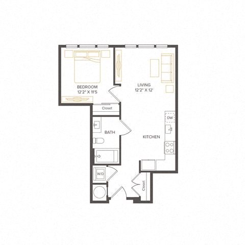 Floor plan for 1 bed, 1 bath, 607 sqft