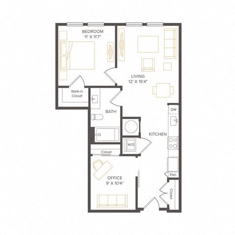 Floor plan for 1 bed, 1 bath, 733 sqft