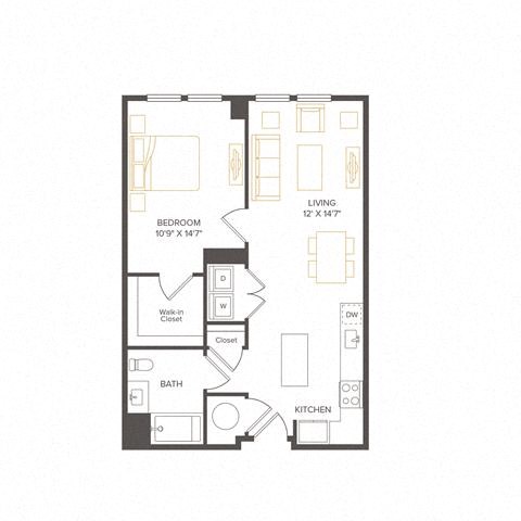 Floor plan for 1 bed, 1 bath, 829 sqft