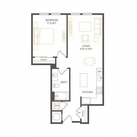 Floor plan for 1 bed, 1 bath, 727 sqft