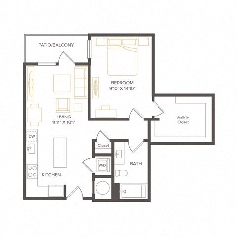Floor plan for 1 bed, 1 bath, 731 sqft
