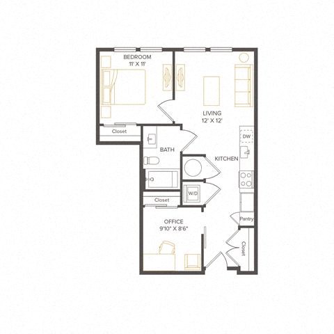 Floor plan for 1 bed, 1 bath, 685 sqft