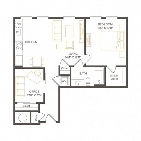 Floor plan for 1 bed, 1 bath, 753 sqft