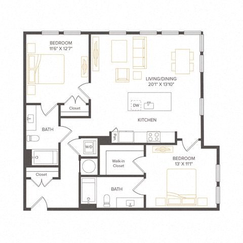 Floor plan for 2 beds, 2 baths, 1101 sqft