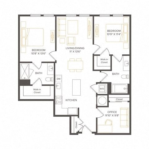 Floor plan for 2 beds, 2 baths, 1075 sqft