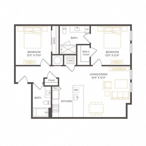 Floor plan for 2 beds, 2 baths, 1026 sqft