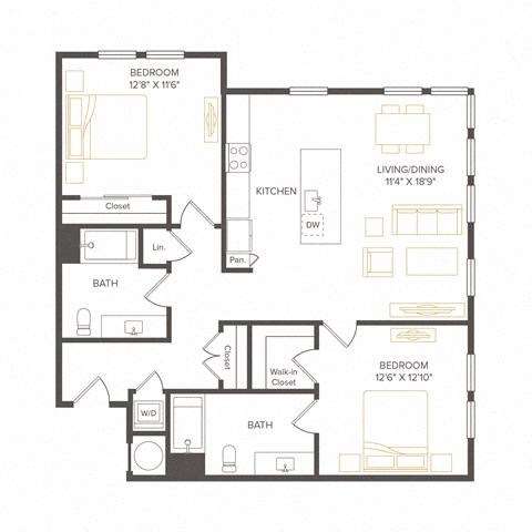 Floor plan for 2 beds, 2 baths, 1133 sqft