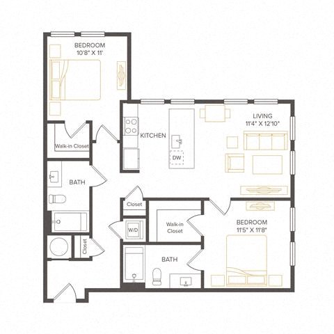 Floor plan for 2 beds, 2 baths, 950 sqft