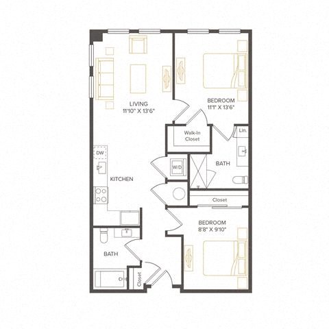 Floor plan for 2 beds, 2 baths, 945 sqft
