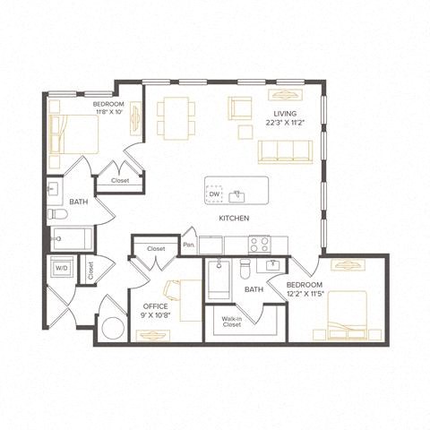 Floor plan for 2 beds, 2 baths, 1216 sqft
