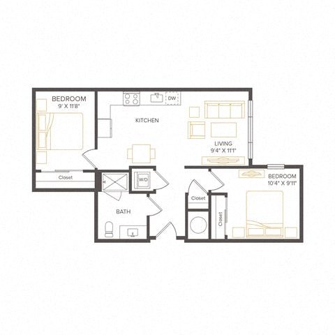 Floor plan for 2 beds, 1 bath, 714 sqft