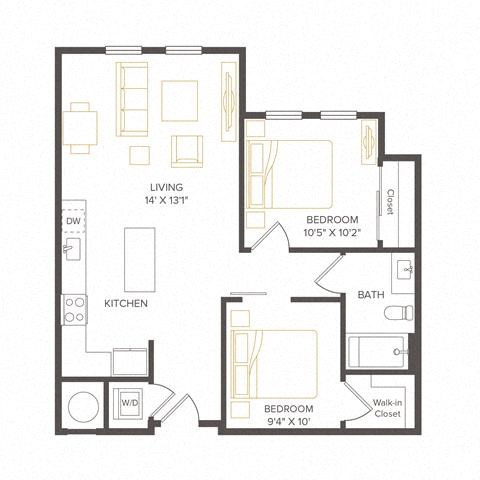 Floor plan for 2 beds, 1 bath, 774 sqft