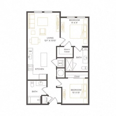 Floor plan for 2 beds, 2 baths, 839 sqft