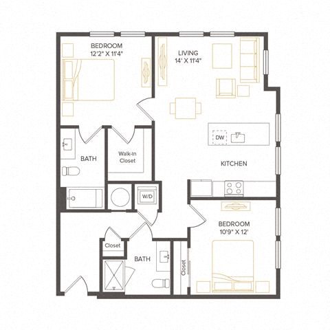 Floor plan for 2 beds, 2 baths, 954 sqft