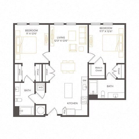 Floor plan for 2 beds, 2 baths, 1015 sqft