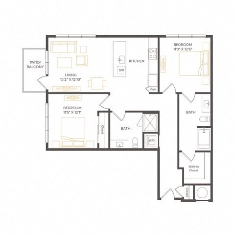 Floor plan for 2 beds, 2 baths, 1095 sqft