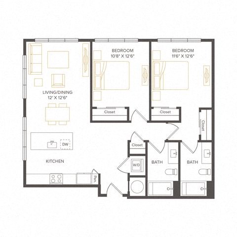 Floor plan for 2 beds, 2 baths, 1032 sqft