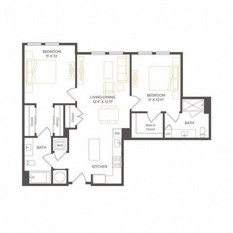 Floor plan for 2 beds, 2 baths, 1014 sqft