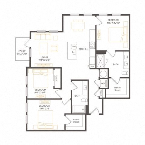 Floor plan for 3 beds, 2 baths, 1346 sqft