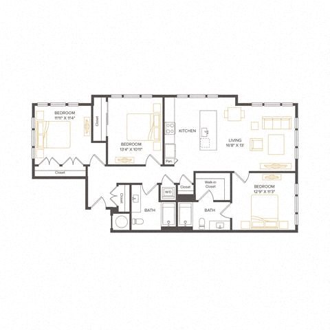 Floor plan for 3 beds, 2 baths, 1267 sqft