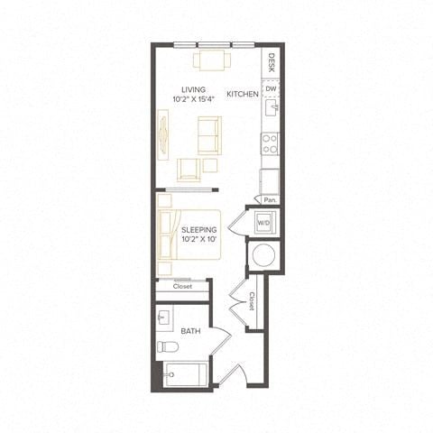 Floor plan for studio, 1 bath, 491 sqft