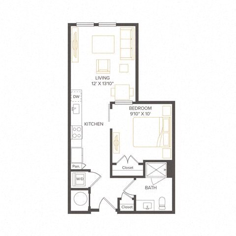 Floor plan for 1 bed, 1 bath, 558 sqft