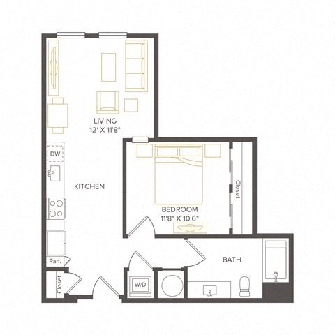 Floor plan for 1 bed, 1 bath, 611 sqft