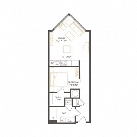 Floor plan for 1 bed, 1 bath, 621 sqft