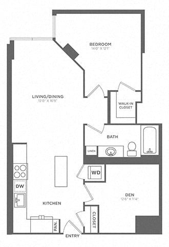 Floor plan for 1 bed, 1 bath, 821 sqft
