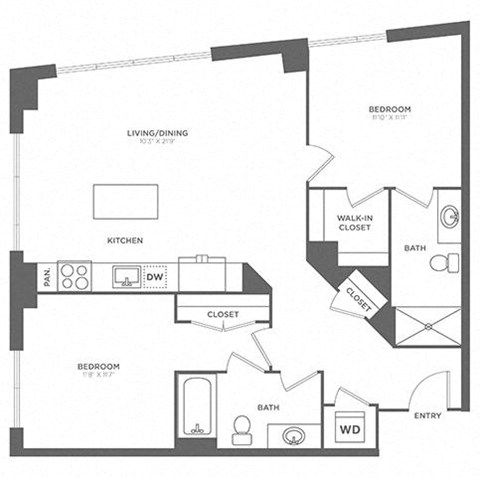 Floor plan for 2 beds, 2 baths, 1040 sqft