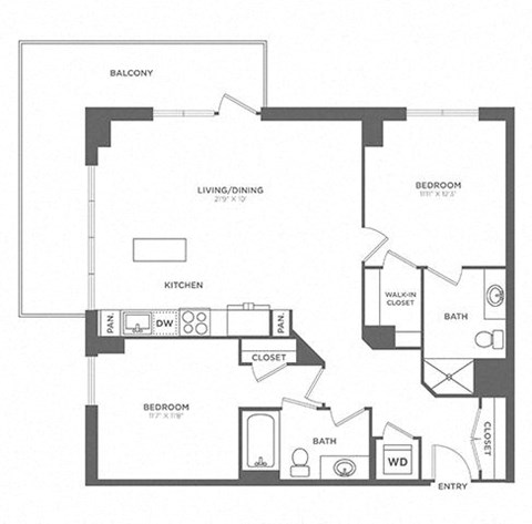 Floor plan for 2 beds, 2 baths, 1046 sqft