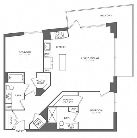 Floor plan for 2 beds, 2 baths, 1078 sqft