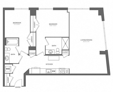 Floor plan for 2 beds, 2 baths, 1161 sqft