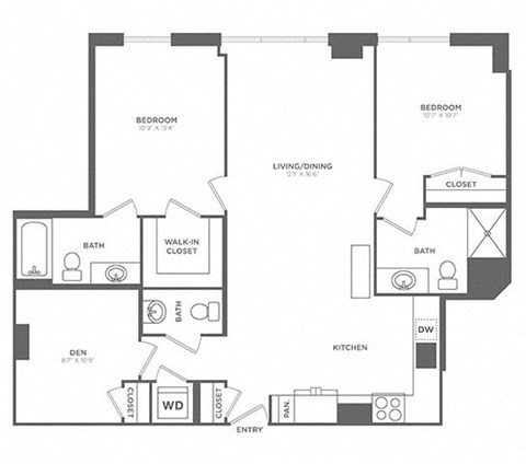 Floor plan for 2 beds, 2.5 baths, 1139 sqft