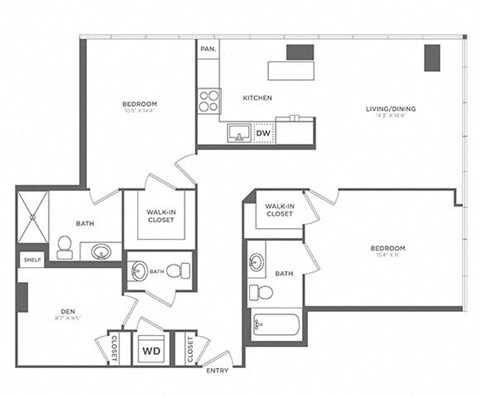 Floor plan for 2 beds, 2.5 baths, 1183 sqft