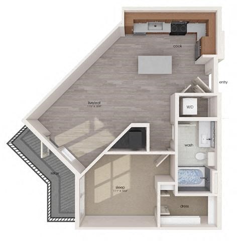 Floor plan for 1 bed, 1 bath, 682 sqft