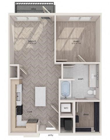 Floor plan for 1 bed, 1 bath, 691 sqft