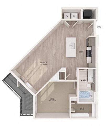 Floor plan for 1 bed, 1 bath, 730 sqft