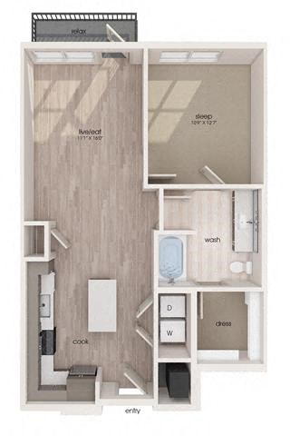 Floor plan for 1 bed, 1 bath, 753 sqft