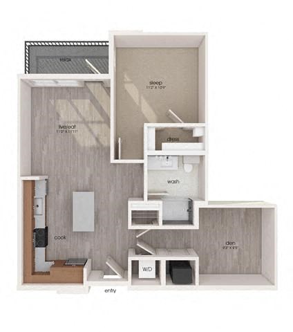Floor plan for 1 bed, 1 bath, 760 sqft