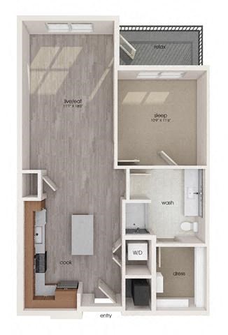 Floor plan for 1 bed, 1 bath, 764 sqft