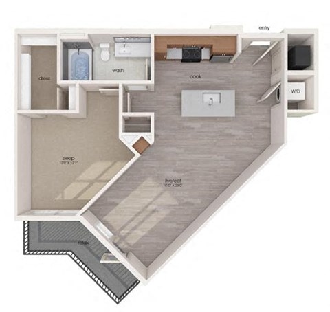 Floor plan for 1 bed, 1 bath, 785 sqft